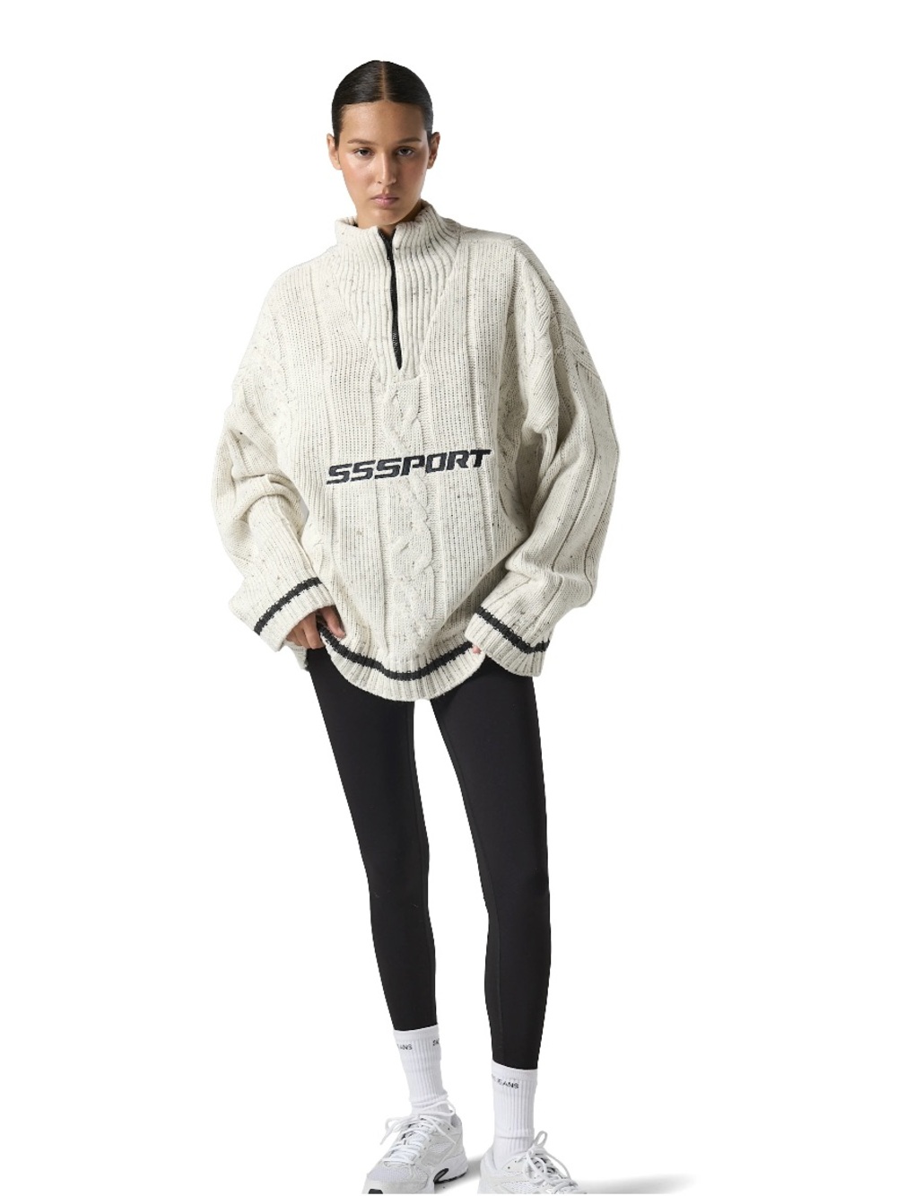 SSS SPORT Cream Cable-Knit Quarter-Zip Pullover